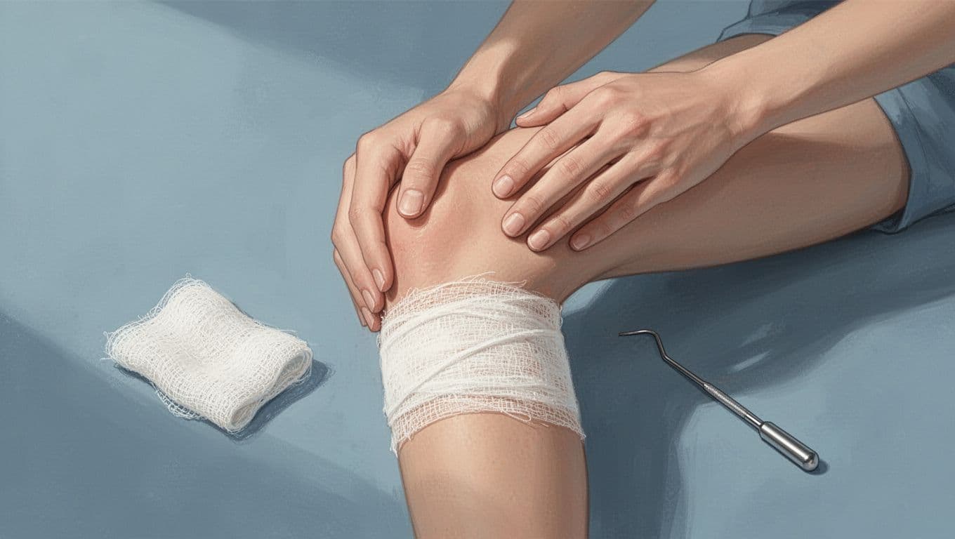 Un genou stylisé accompagné d'éléments médicaux pour surveiller les plaies.
