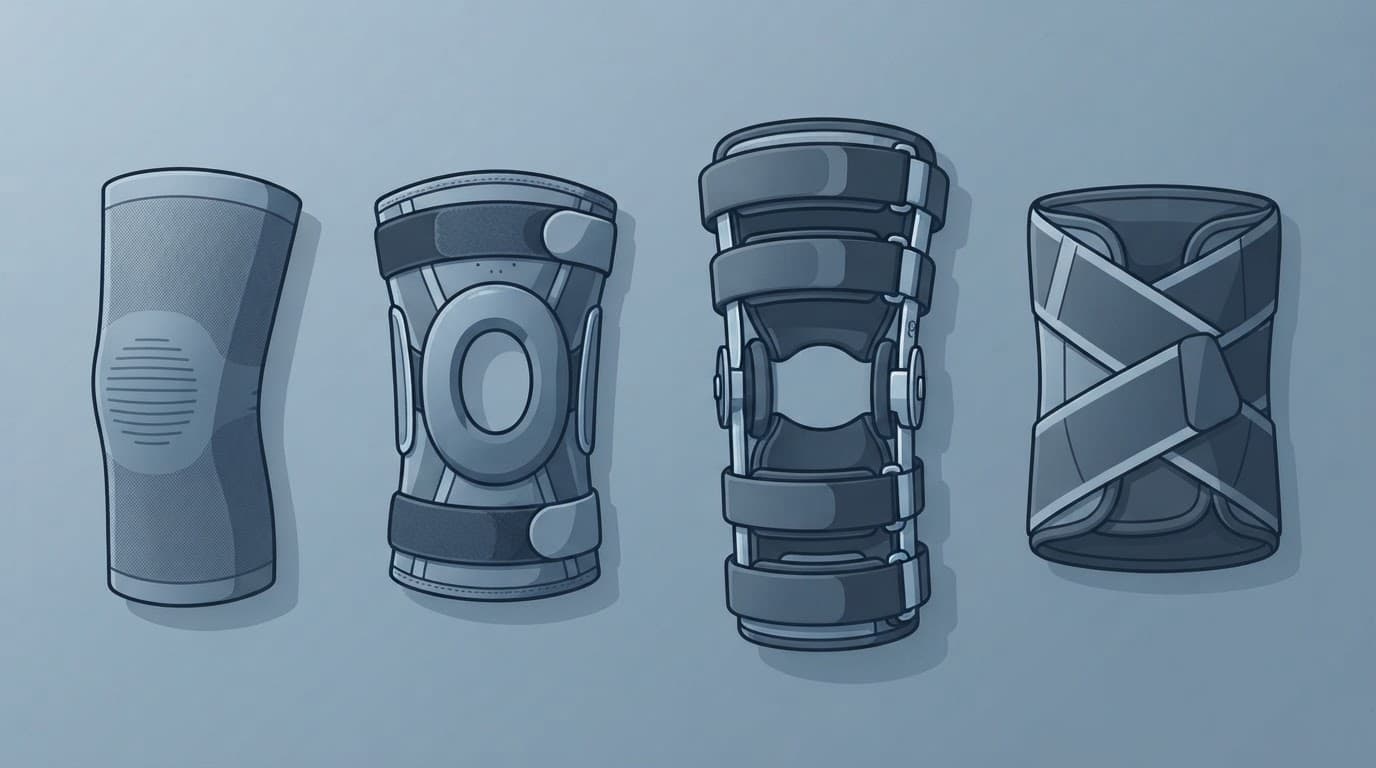 Trois types de genouillères alignés sur une surface bleu ardoise.