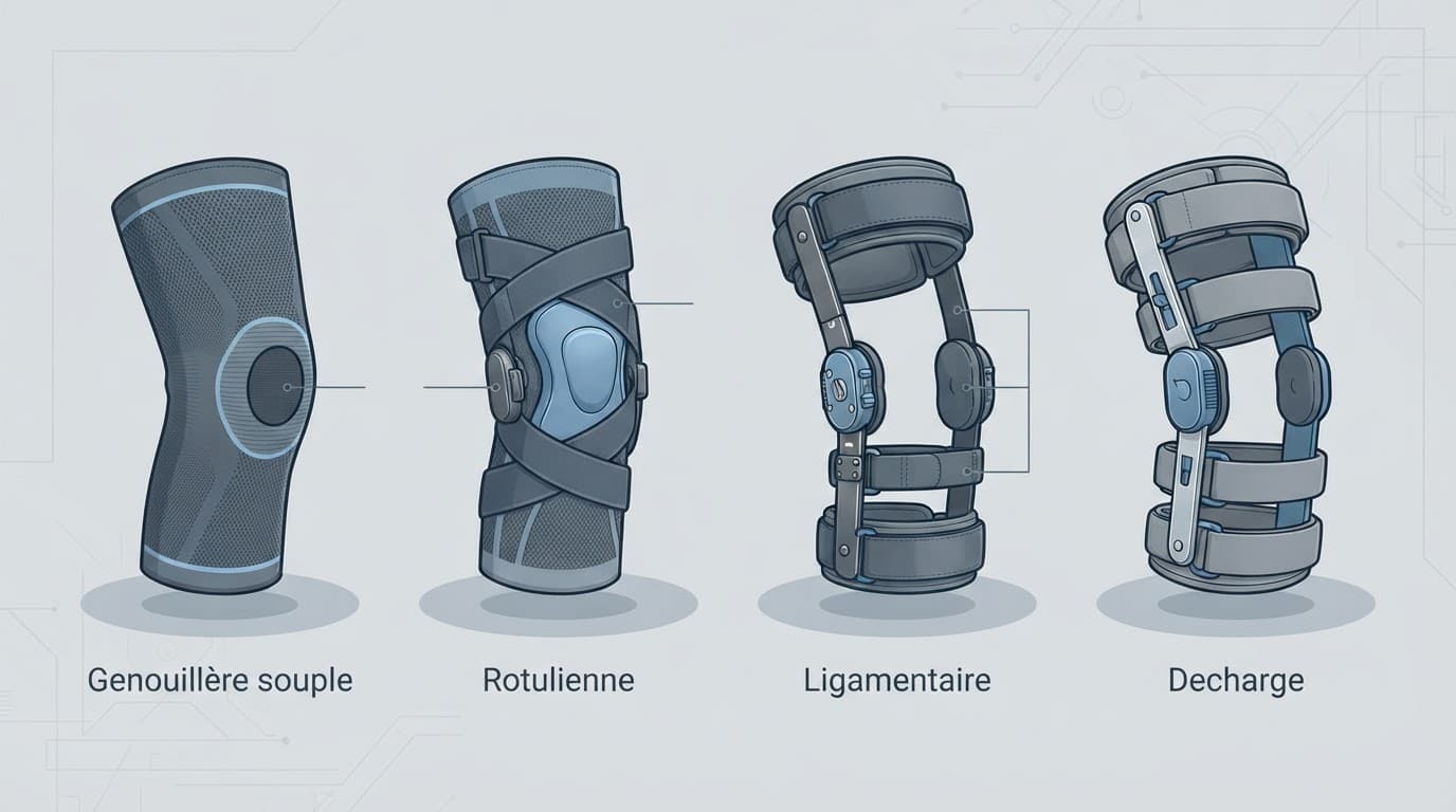 Différents types de genouillères alignés sur un fond neutre aux accents bleu ardoise.