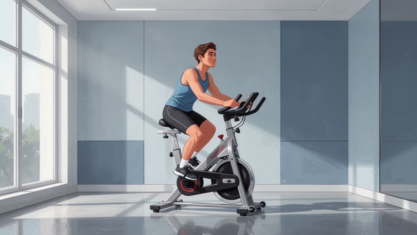 Une personne pédale doucement sur un vélo d'appartement dans une pièce lumineuse.