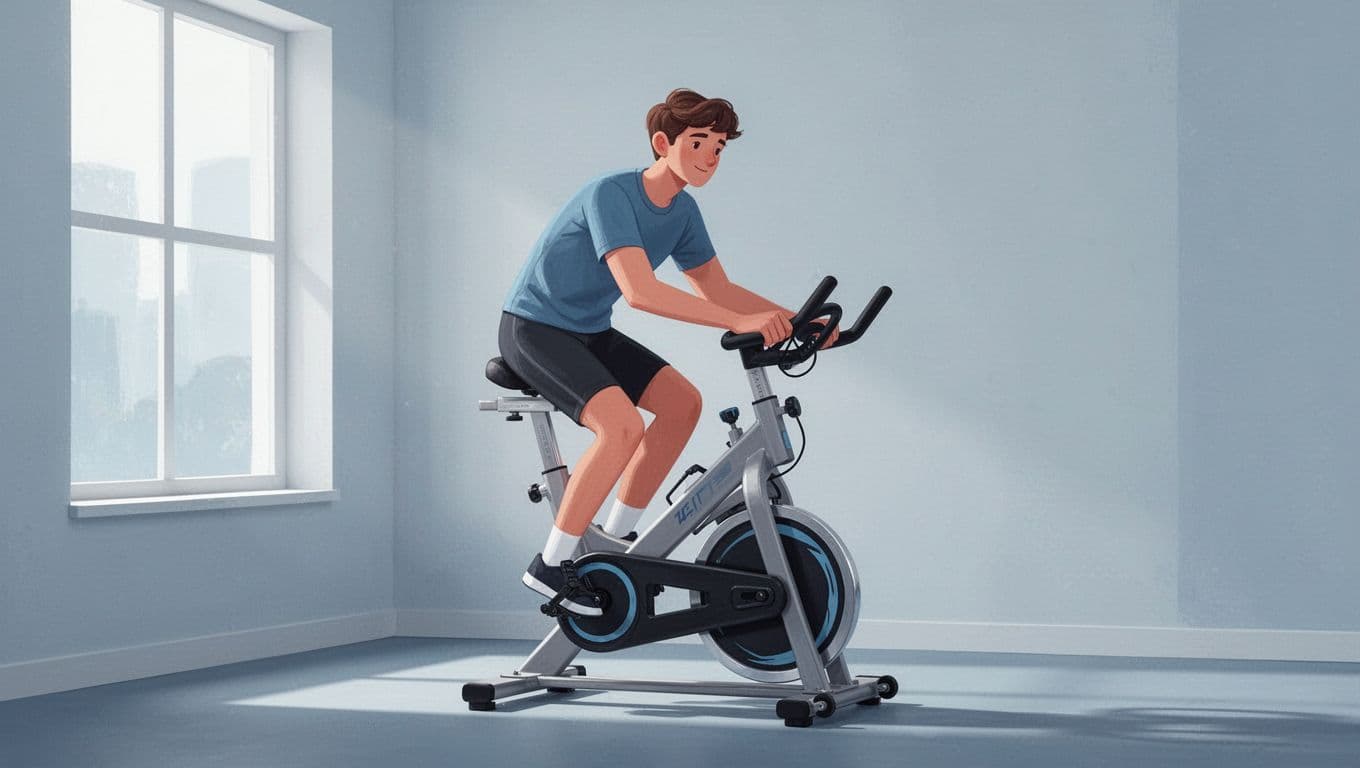 Une personne pédale doucement sur un vélo d'appartement dans un intérieur épuré.