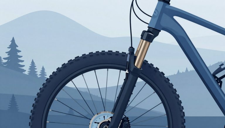 Un vélo tout-terrain et un manomètre près de la valve du pneu.