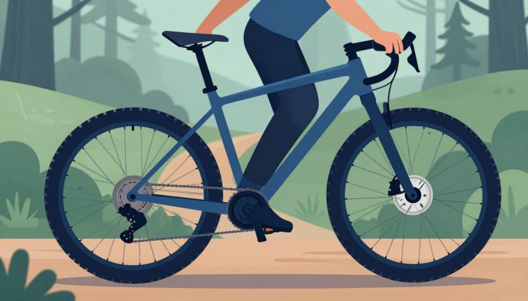 Roue avant de VTT légèrement dégonflée avec une pompe sur un sentier forestier.
