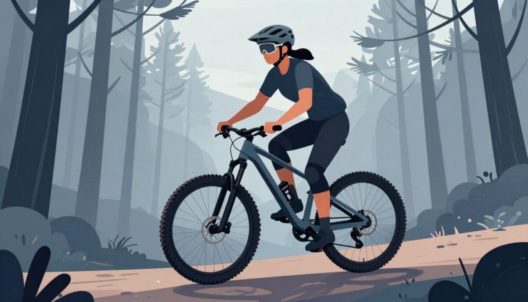 Un vététiste casqué roule sur un sentier forestier sinueux.