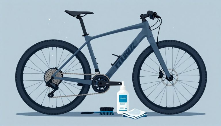 Un VTT sur un support avec une brosse, du lubrifiant et un chiffon.