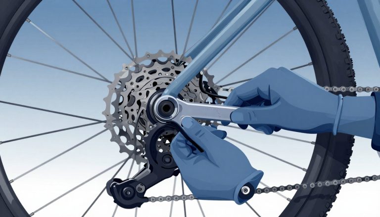 Mains gantées retirant une cassette de VTT avec un démonte-cassette et un fouet à chaîne.