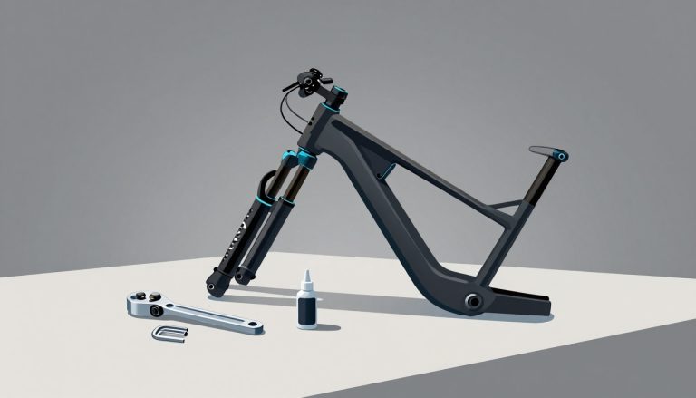 Fourche de VTT démontée sur un établi avec des outils et de l’huile de suspension.