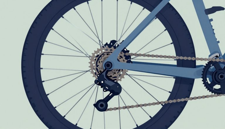Roue arrière de VTT retirée du cadre, avec levier ouvert et clé hexagonale.