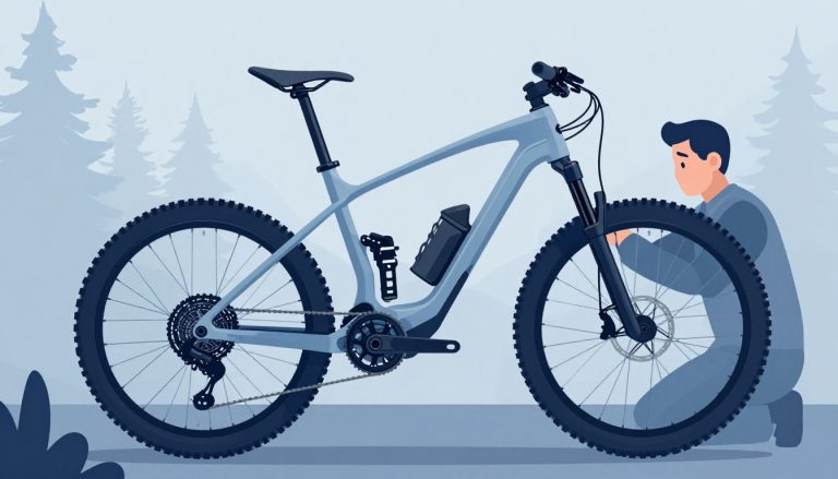 Un VTT de montagne avec moteur, batterie et câbles visibles dans le cadre.