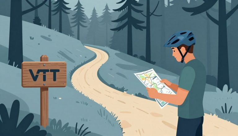 Un cycliste consulte une carte près d’un panneau au départ d’une piste entre les pins.