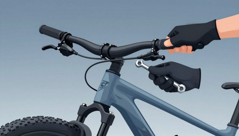 Main gantée fixant le guidon d’un VTT avec une clé Allen.