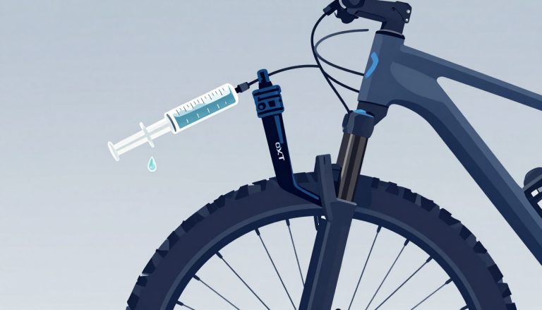 Fourche de VTT avec frein Shimano XT, seringue et durite remplie d’huile minérale.