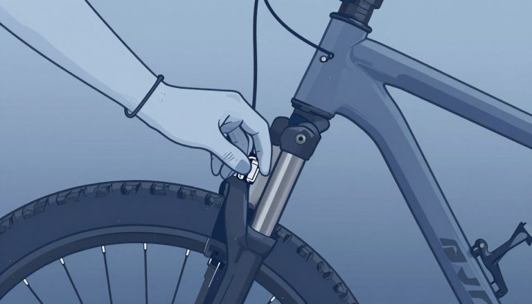 Une main gantée règle le dérailleur arrière d’un VTT, avec son câble fin visible.