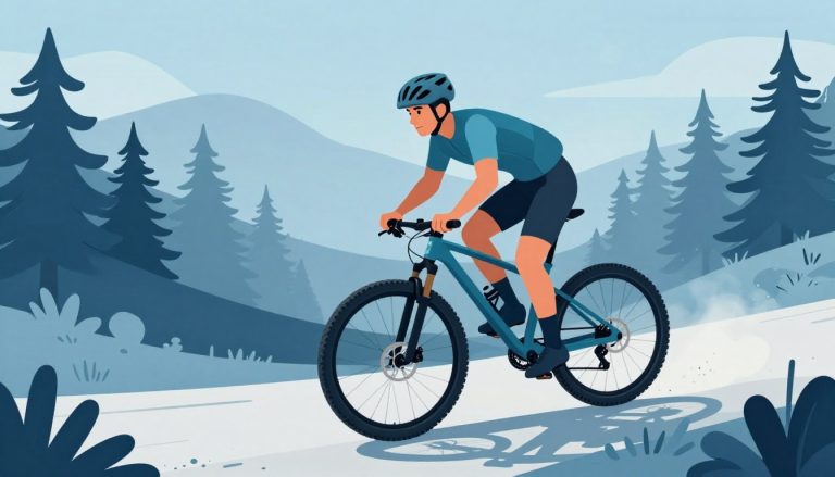 Un vététiste en maillot turquoise négocie un virage entre les sapins.