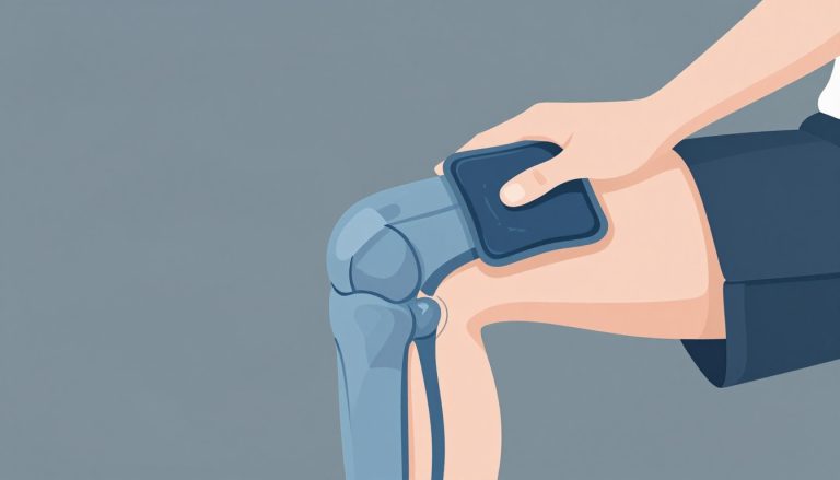 Genou vu de l’intérieur avec les tendons de la patte d’oie et une poche de glace.