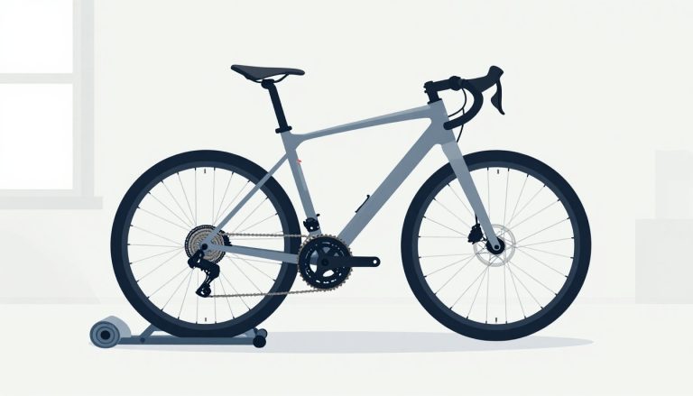 Vélo de montagne gris fixé sur un home-trainer, avec tapis roulé dans une pièce lumineuse.