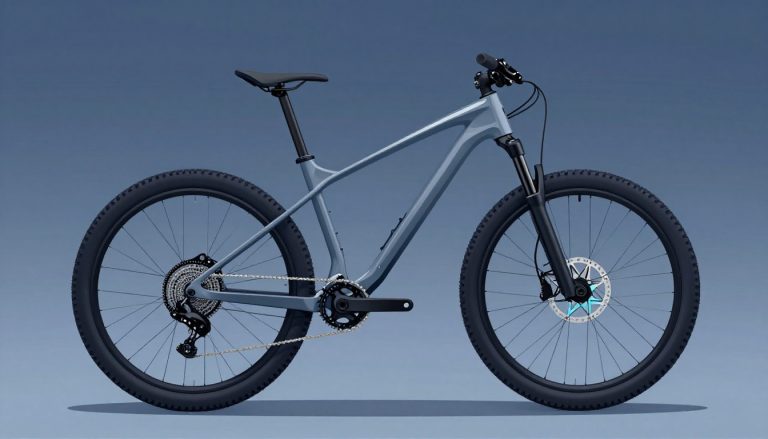 VTT gris vu de côté avec frein à disque hydraulique sur la roue arrière.