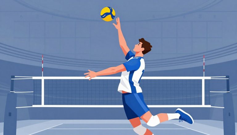 Un joueur français de volleyball saute pour frapper un ballon dans une salle bleutée.