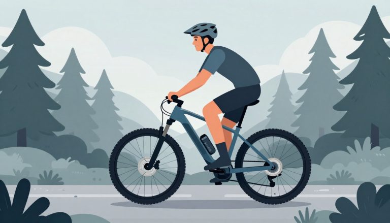 Un homme casqué se tient près d’un VTT électrique sur un sentier forestier.