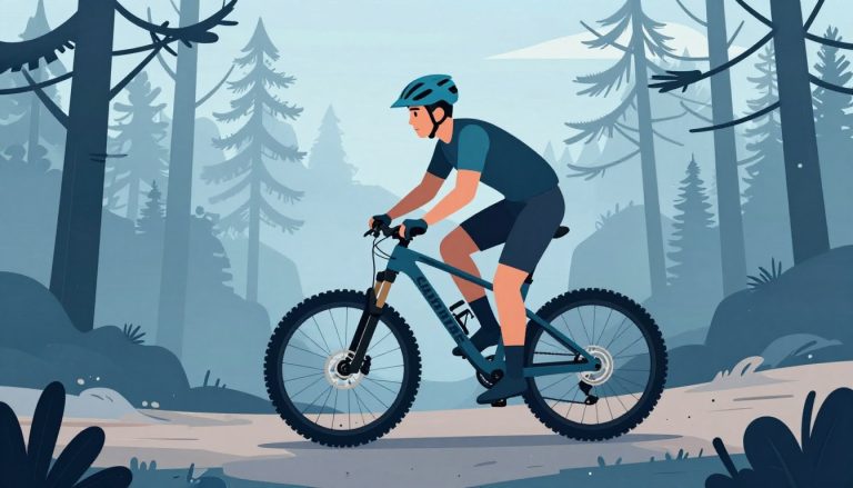 Un homme en casque turquoise se tient près d’un VTT Lapierre sur un sentier forestier.